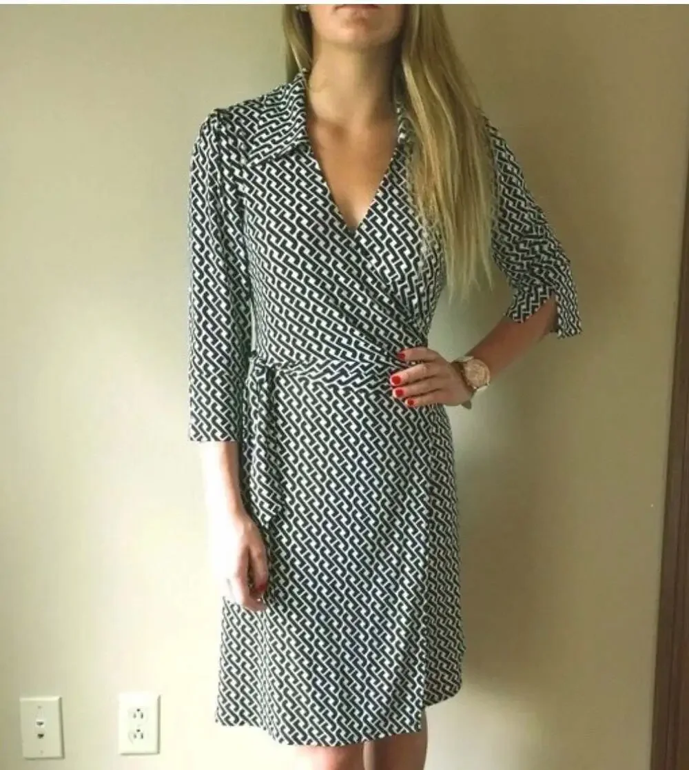 Laundry by Shelli Segal Greek Key Print Wrap Dress Size S career office modest - Picture 1 of 7